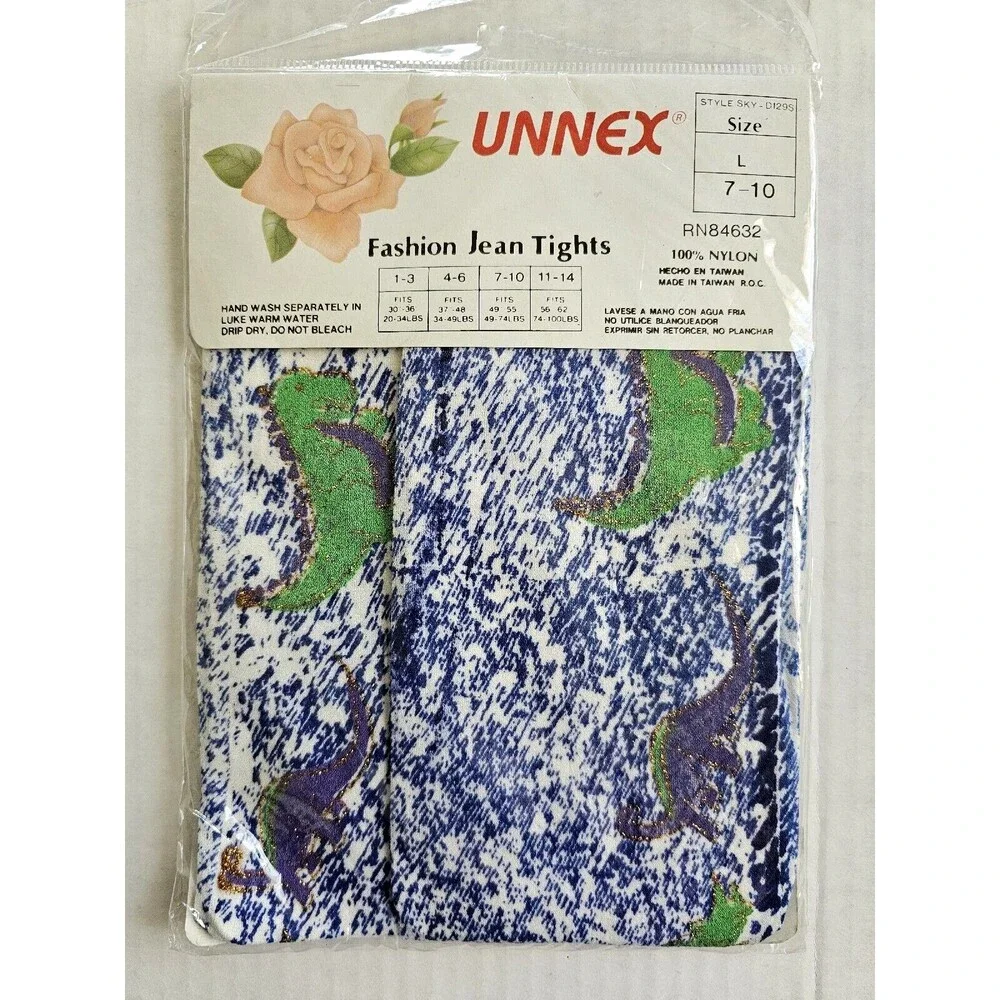 Unnex Fashion Jean Tights Girls Size Large 7-10 Novelty Dinosaur Print 90s Y2K